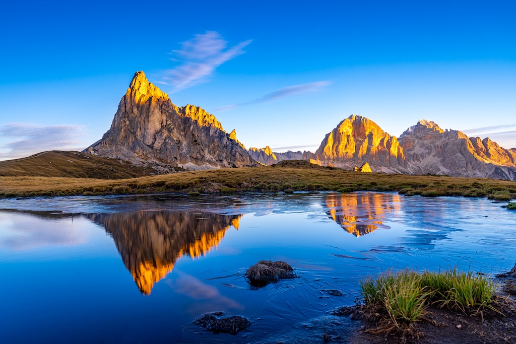 Berggipfel spiegeln sich im ruhigen Wasser einer alpinen Landschaft